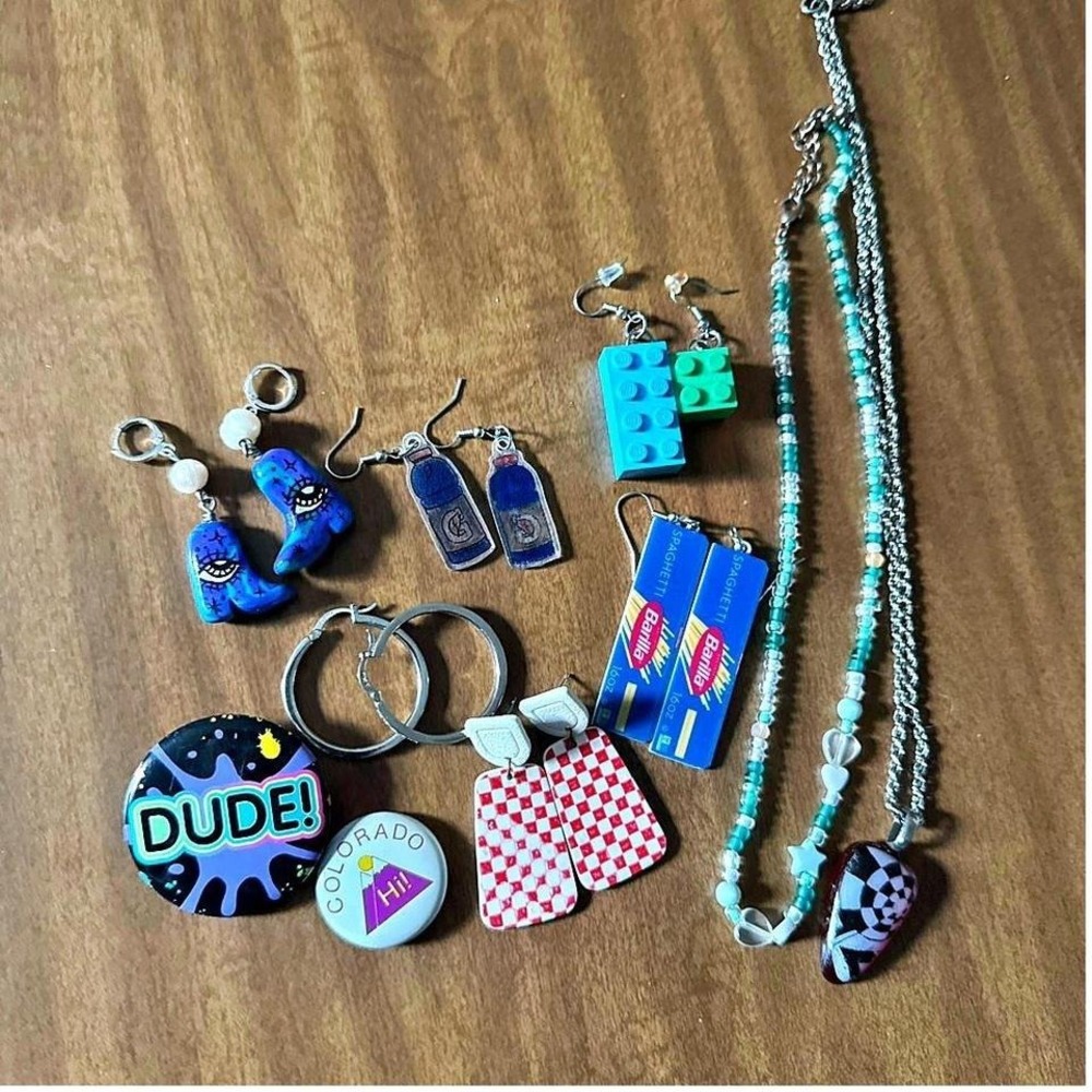 Mixed Jewelry Bundle 10 Pieces Earrings Necklaces Buttons Pins Boots Lego Clay